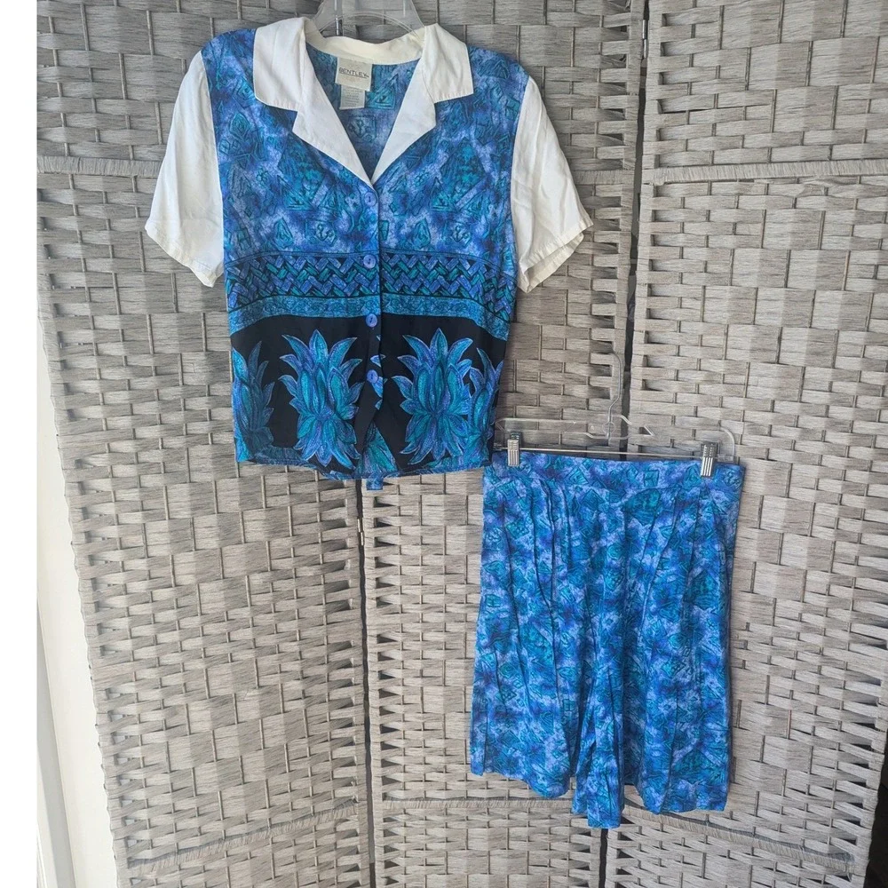 Vtg 90s Shorts & Layered Top Set Blue Tropical Floral Print Sz M Art Teacher